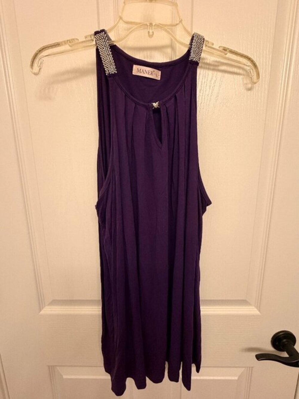 Maner Purple Embellished Sleeveless Tunic L Beaded Neckline Flowy Top